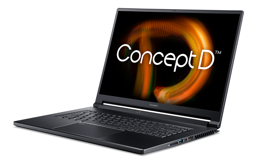 Image of Concept D laptop open with Concept D logo on the screen.